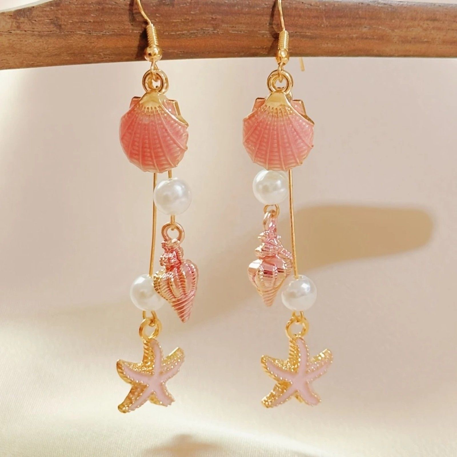 Beach Mermaid Princess Pink Seashell Starfish Pearl Boho Dangle Earrings 12$